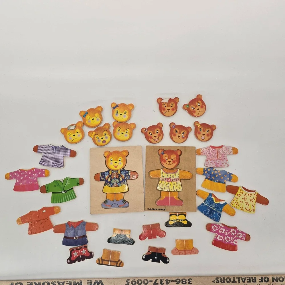 Vintage Wood N Things Dress Up Bear Puzzle Set Mix Match Montessori Toy Lot